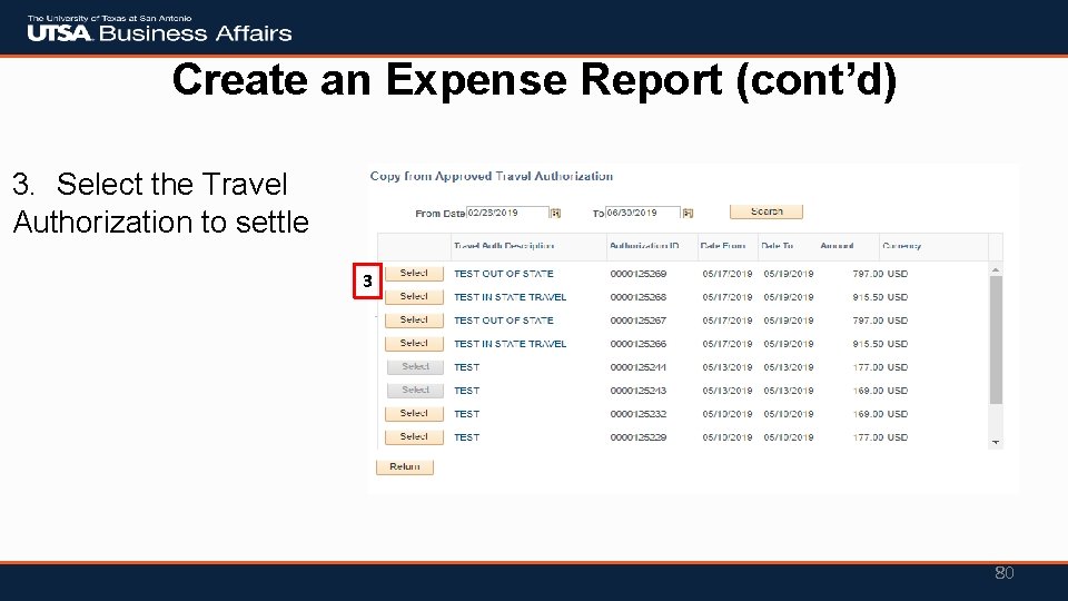 Create an Expense Report (cont’d) 3. Select the Travel Authorization to settle 3 80