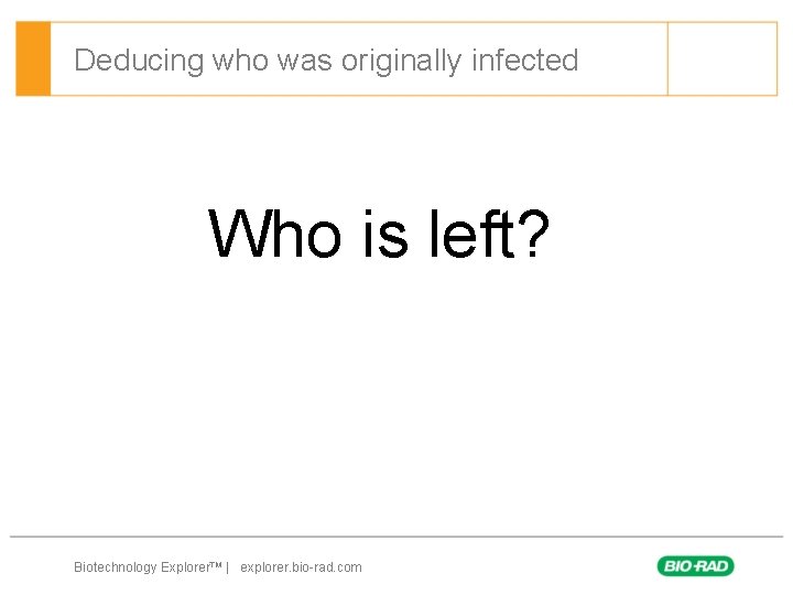 Deducing who was originally infected Who is left? Biotechnology Explorer™ | explorer. bio-rad. com