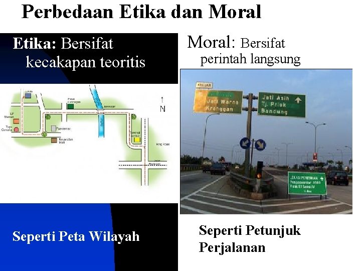 Perbedaan Etika dan Moral Etika: Bersifat kecakapan teoritis Seperti Peta Wilayah Moral: Bersifat perintah