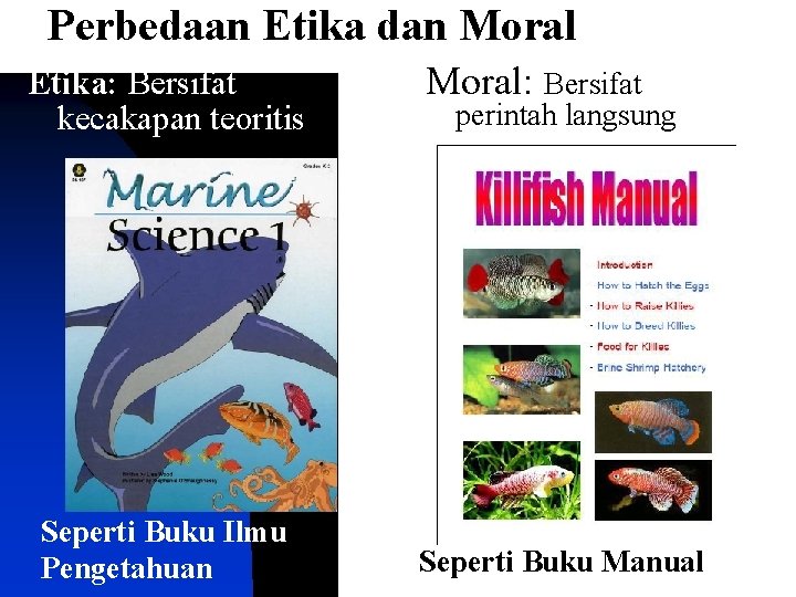 Perbedaan Etika dan Moral Etika: Bersifat kecakapan teoritis Seperti Buku Ilmu Pengetahuan Moral: Bersifat