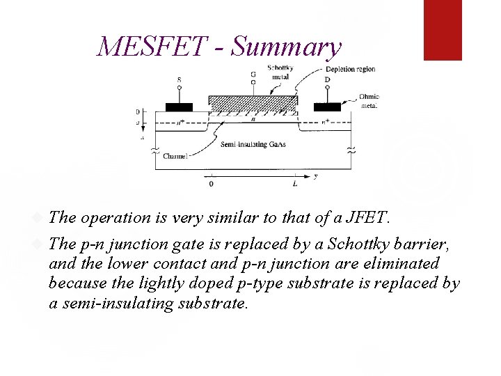 MESFET - Summary The operation is very similar to that of a JFET. The