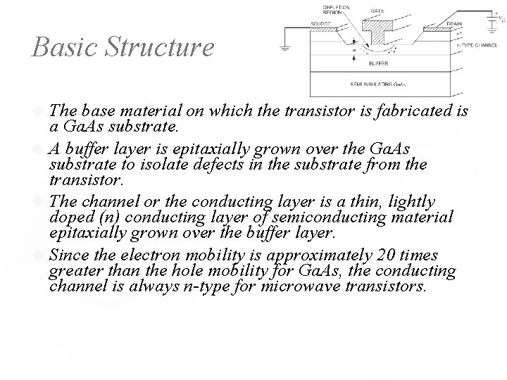 Basic Structure The base material on which the transistor is fabricated is a Ga.