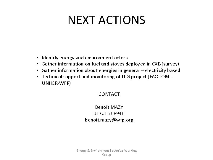 NEXT ACTIONS • • Identify energy and environment actors Gather information on fuel and