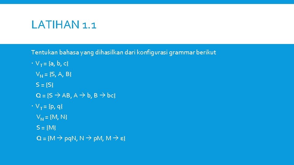 LATIHAN 1. 1 Tentukan bahasa yang dihasilkan dari konfigurasi grammar berikut VT = {a,