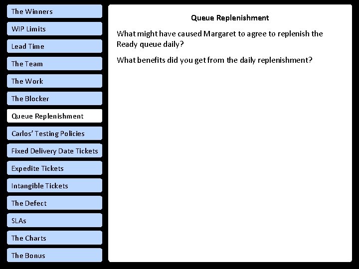 The Winners WIP Limits Queue Replenishment Lead Time What might have caused Margaret to