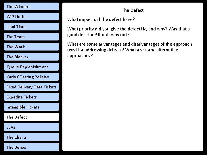 The Winners WIP Limits Lead Time The Team The Work The Blocker Queue Replenishment