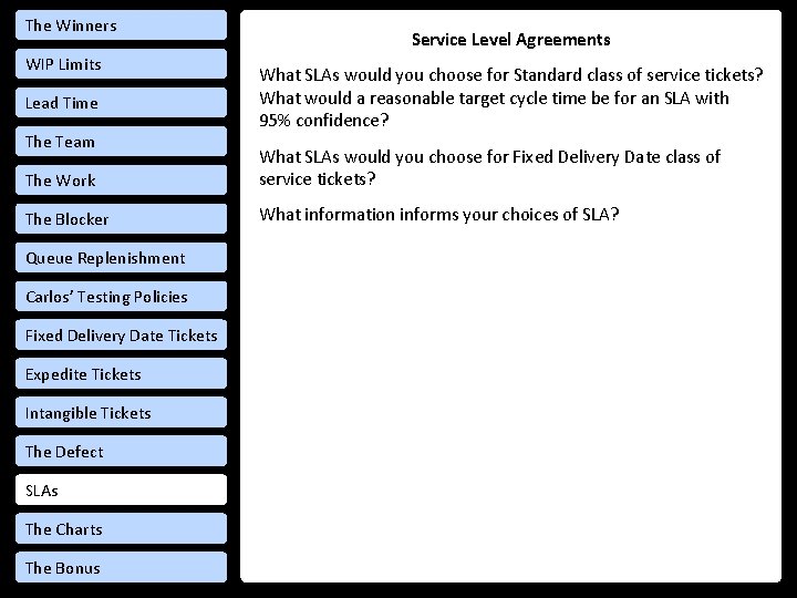 The Winners WIP Limits Lead Time The Team Service Level Agreements What SLAs would