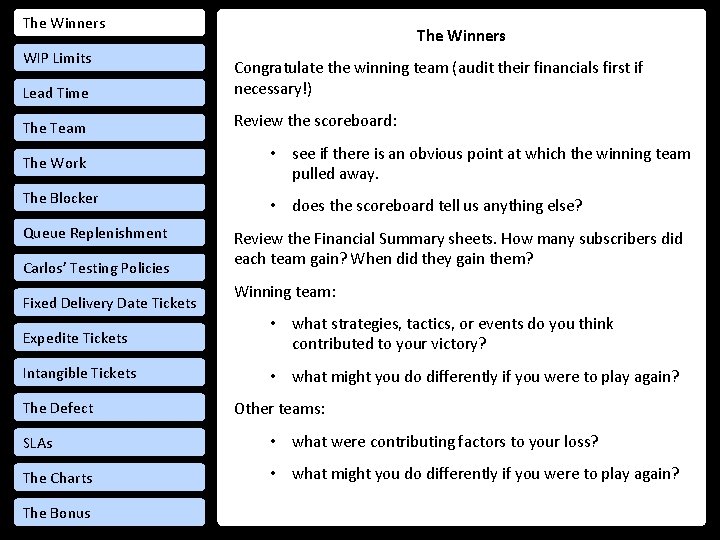 The Winners WIP Limits The Winners Lead Time Congratulate the winning team (audit their