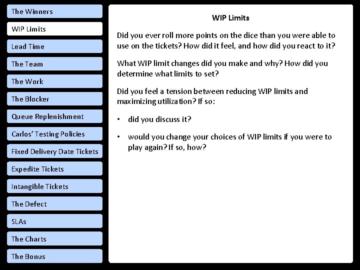 The Winners WIP Limits Lead Time The Team The Work WIP Limits Did you