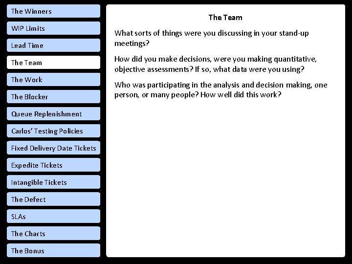 The Winners WIP Limits Lead Time The Team The Work The Blocker Queue Replenishment
