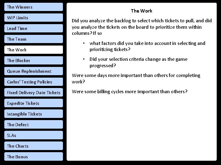 The Winners WIP Limits Lead Time The Team The Work The Blocker Queue Replenishment