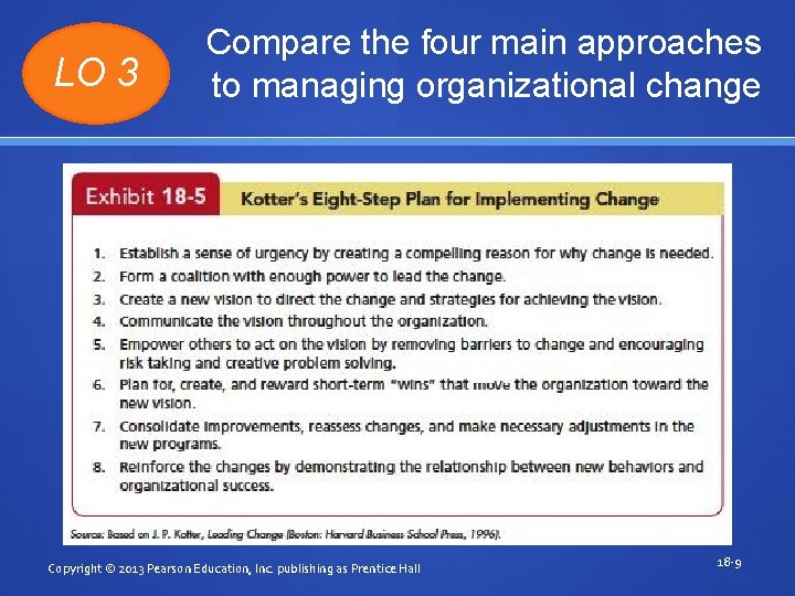 LO 3 Compare the four main approaches to managing organizational change Copyright © 2013