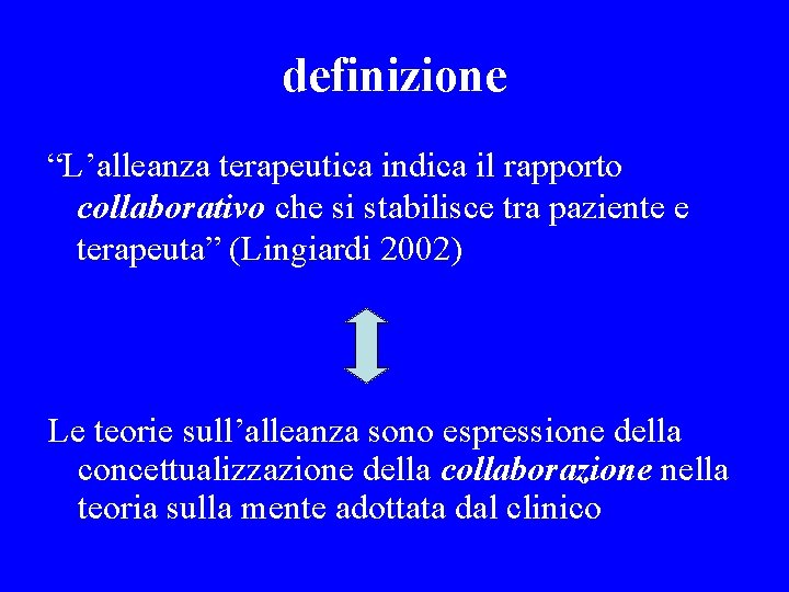 definizione “L’alleanza terapeutica indica il rapporto collaborativo che si stabilisce tra paziente e terapeuta”