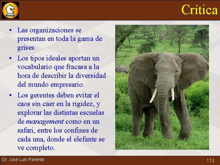 Crítica • Las organizaciones se presentan en toda la gama de grises. • Los