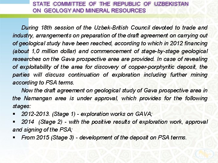 STATE COMMITTEE OF THE REPUBLIC OF UZBEKISTAN ON GEOLOGY AND MINERAL RESOURCES During 18