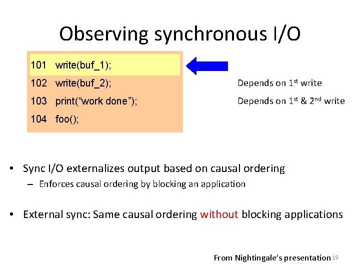 Observing synchronous I/O 101 write(buf_1); 102 write(buf_2); Depends on 1 st write 103 print(“work