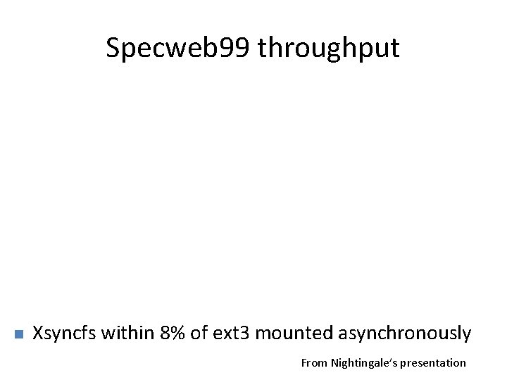 Specweb 99 throughput n Xsyncfs within 8% of ext 3 mounted asynchronously From Nightingale’s