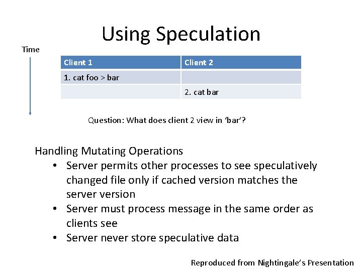 Using Speculation Time Client 1 Client 2 1. cat foo > bar 2. cat