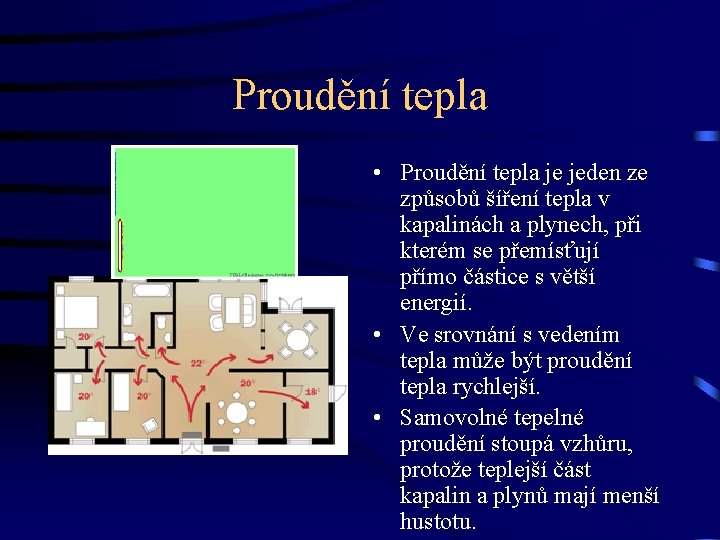 Proudění tepla • Proudění tepla je jeden ze způsobů šíření tepla v kapalinách a