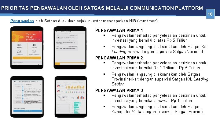 PRIORITAS PENGAWALAN OLEH SATGAS MELALUI COMMUNICATION PLATFORM 10 Pengawalan oleh Satgas dilakukan sejak investor