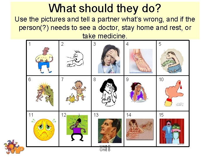 What should they do? Use the pictures and tell a partner what’s wrong, and