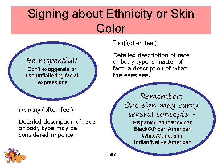 Signing about Ethnicity or Skin Color Deaf (often feel): Be respectful! Don’t exaggerate or