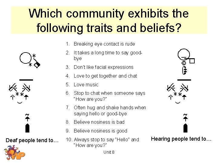 Which community exhibits the following traits and beliefs? 1. Breaking eye contact is rude