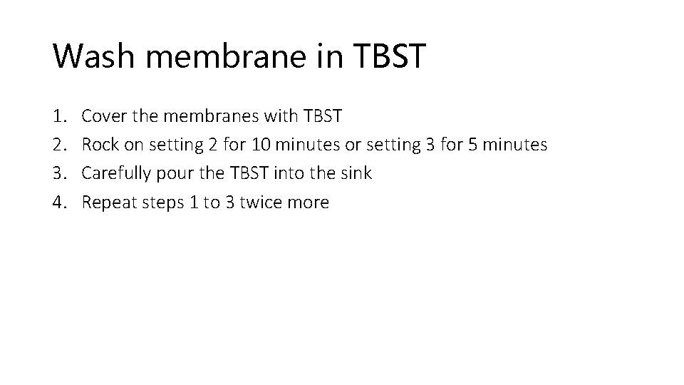 Wash membrane in TBST 1. 2. 3. 4. Cover the membranes with TBST Rock