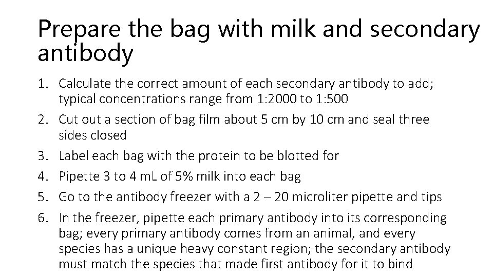 Prepare the bag with milk and secondary antibody 1. Calculate the correct amount of