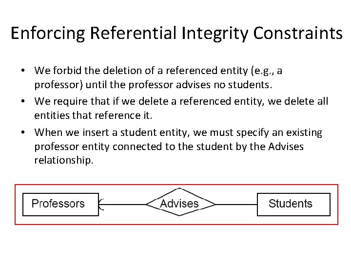 Enforcing Referential Integrity Constraints • We forbid the deletion of a referenced entity (e.