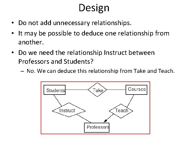 Design • Do not add unnecessary relationships. • It may be possible to deduce