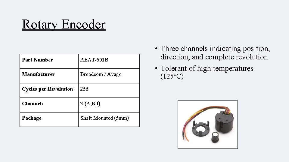 Rotary Encoder Part Number AEAT-601 B Manufacturer Broadcom / Avago Cycles per Revolution 256