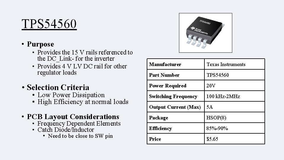 TPS 54560 • Purpose • Provides the 15 V rails referenced to the DC_Link-