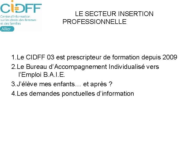  LE SECTEUR INSERTION PROFESSIONNELLE 1. Le CIDFF 03 est prescripteur de formation depuis