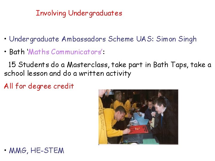 Involving Undergraduates • Undergraduate Ambassadors Scheme UAS: Simon Singh • Bath ‘Maths Communicators’: 15