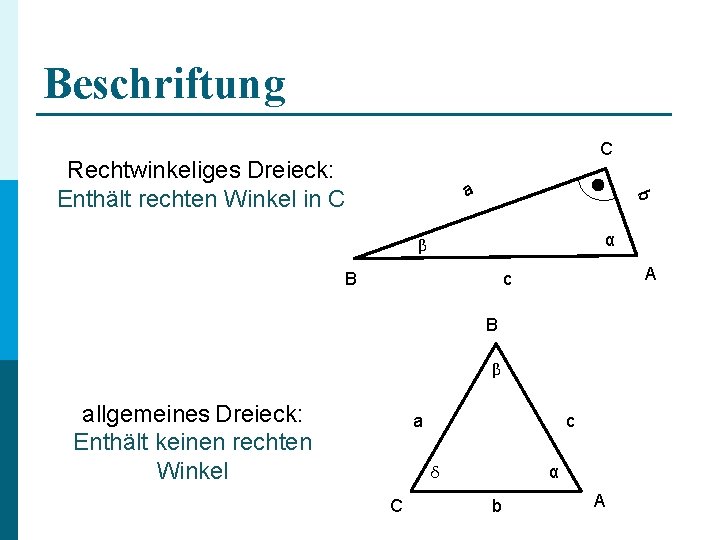 Beschriftung C Rechtwinkeliges Dreieck: Enthält rechten Winkel in C b a α β B