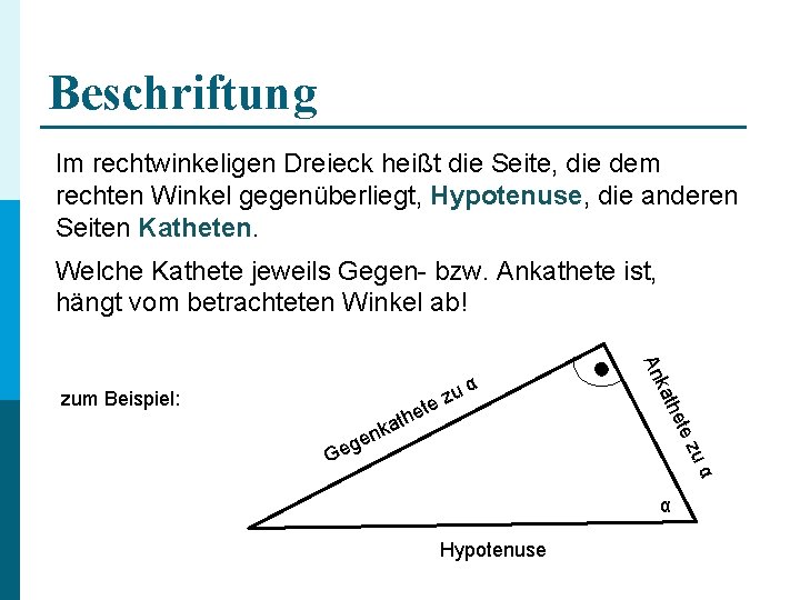 Beschriftung Im rechtwinkeligen Dreieck heißt die Seite, die dem rechten Winkel gegenüberliegt, Hypotenuse, die