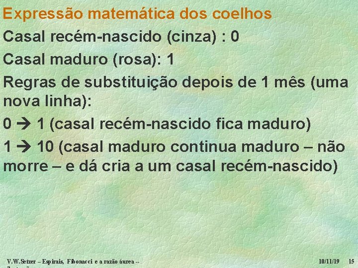 Expressão matemática dos coelhos Casal recém-nascido (cinza) : 0 Casal maduro (rosa): 1 Regras