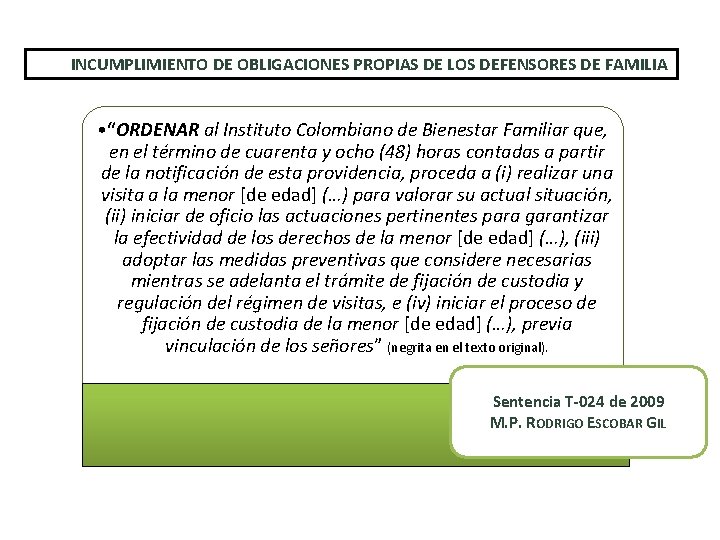 INCUMPLIMIENTO DE OBLIGACIONES PROPIAS DE LOS DEFENSORES DE FAMILIA • “ORDENAR al Instituto Colombiano