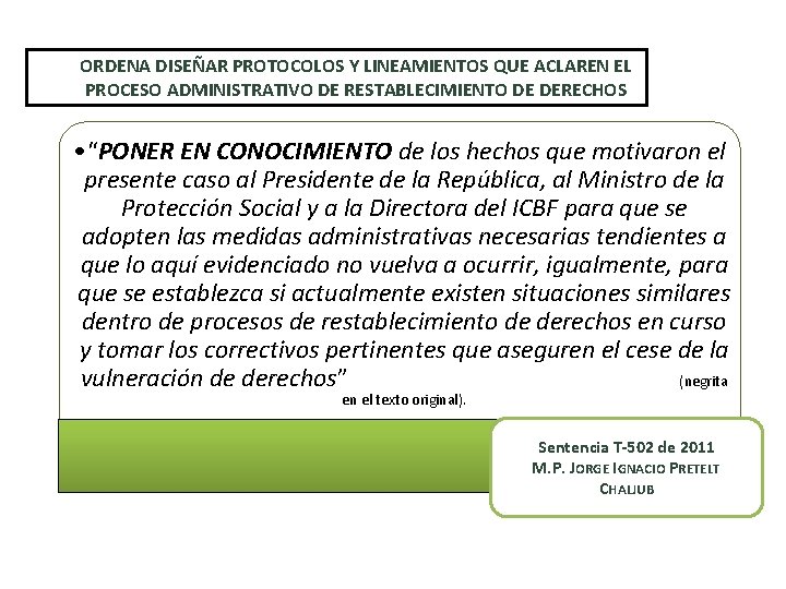 ORDENA DISEÑAR PROTOCOLOS Y LINEAMIENTOS QUE ACLAREN EL PROCESO ADMINISTRATIVO DE RESTABLECIMIENTO DE DERECHOS