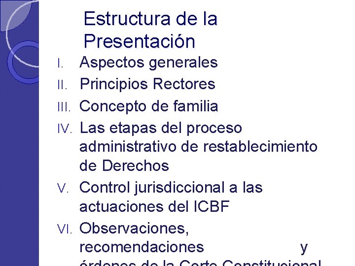 Estructura de la Presentación I. III. IV. V. VI. Aspectos generales Principios Rectores Concepto