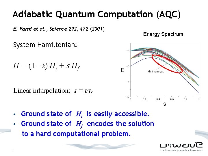 Adiabatic Quantum Computation (AQC) E. Farhi et al. , Science 292, 472 (2001) Energy