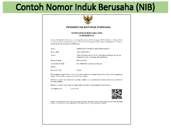 Contoh Nomor Induk Berusaha (NIB) 