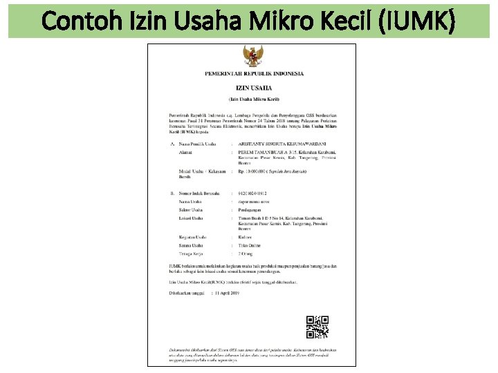 Contoh Izin Usaha Mikro Kecil (IUMK) 