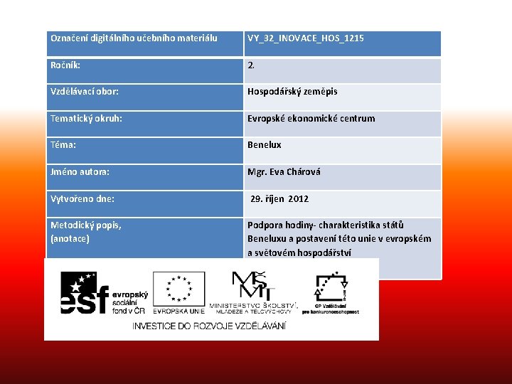 Označení digitálního učebního materiálu VY_32_INOVACE_HOS_1215 Ročník: 2. Vzdělávací obor: Hospodářský zeměpis Tematický okruh: Evropské