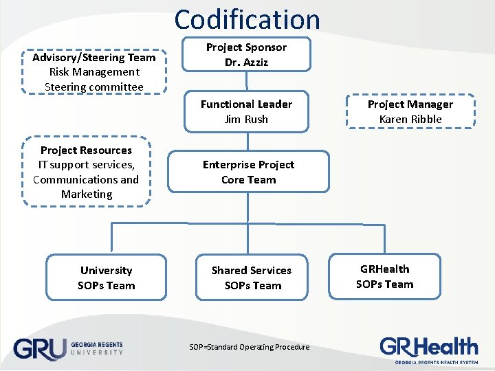 Codification Advisory/Steering Team Risk Management Steering committee Project Sponsor Dr. Azziz Functional Leader Jim