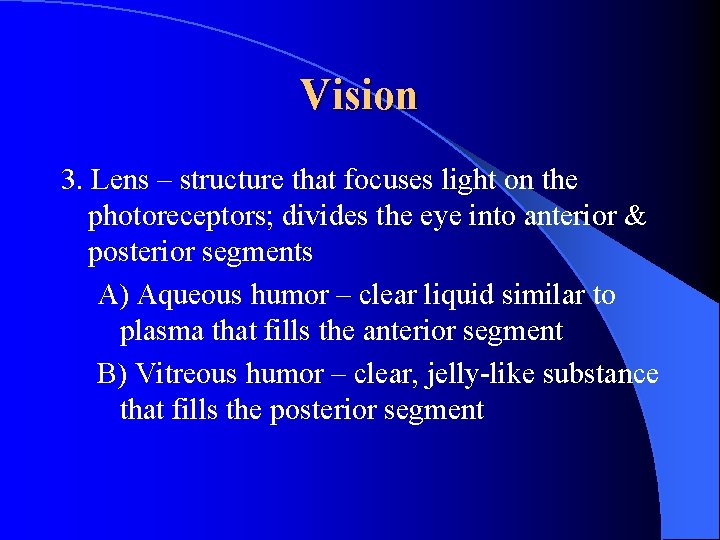 Vision 3. Lens – structure that focuses light on the photoreceptors; divides the eye