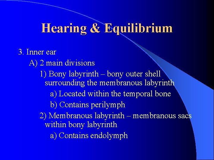 Hearing & Equilibrium 3. Inner ear A) 2 main divisions 1) Bony labyrinth –