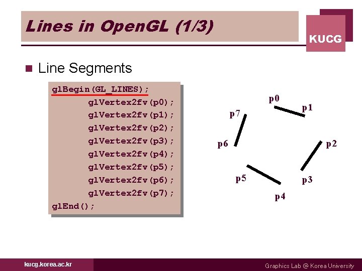 Lines in Open. GL (1/3) n KUCG Line Segments gl. Begin(GL_LINES); gl. Vertex 2