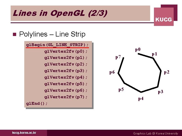 Lines in Open. GL (2/3) n KUCG Polylines – Line Strip gl. Begin(GL_LINE_STRIP); gl.